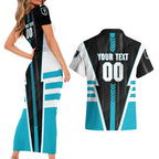 Personalized Port Adelaide Power Couples Matching Short Sleeve Bodycon Dress and Hawaiian Shirt Modern Geometric Sports Graphic Style