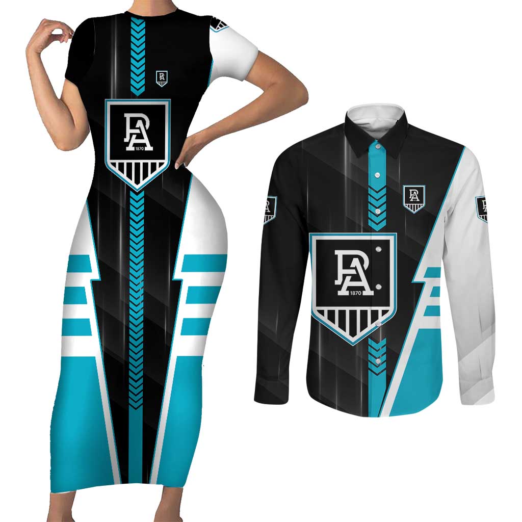 Personalized Port Adelaide Power Couples Matching Short Sleeve Bodycon Dress and Long Sleeve Button Shirt Modern Geometric Sports Graphic Style