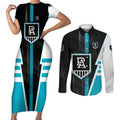 Personalized Port Adelaide Power Couples Matching Short Sleeve Bodycon Dress and Long Sleeve Button Shirt Modern Geometric Sports Graphic Style