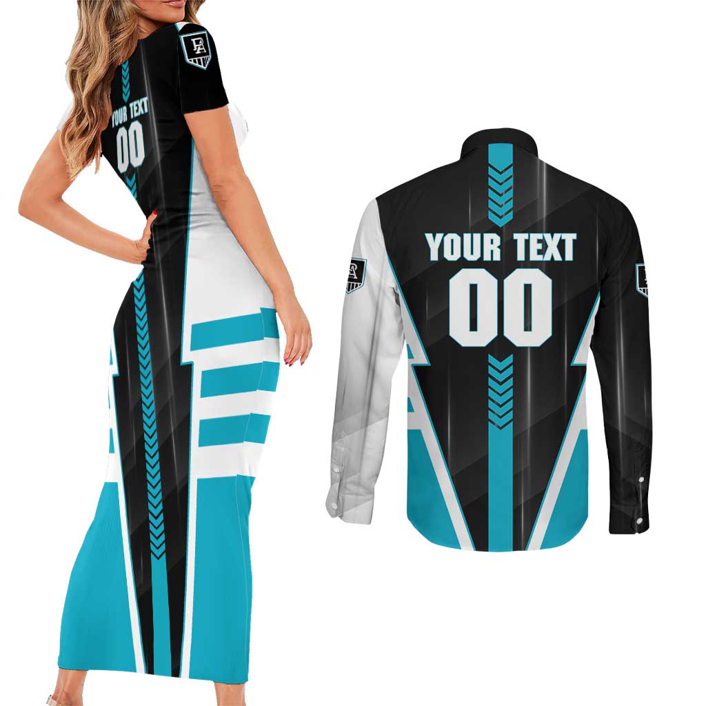 Personalized Port Adelaide Power Couples Matching Short Sleeve Bodycon Dress and Long Sleeve Button Shirt Modern Geometric Sports Graphic Style