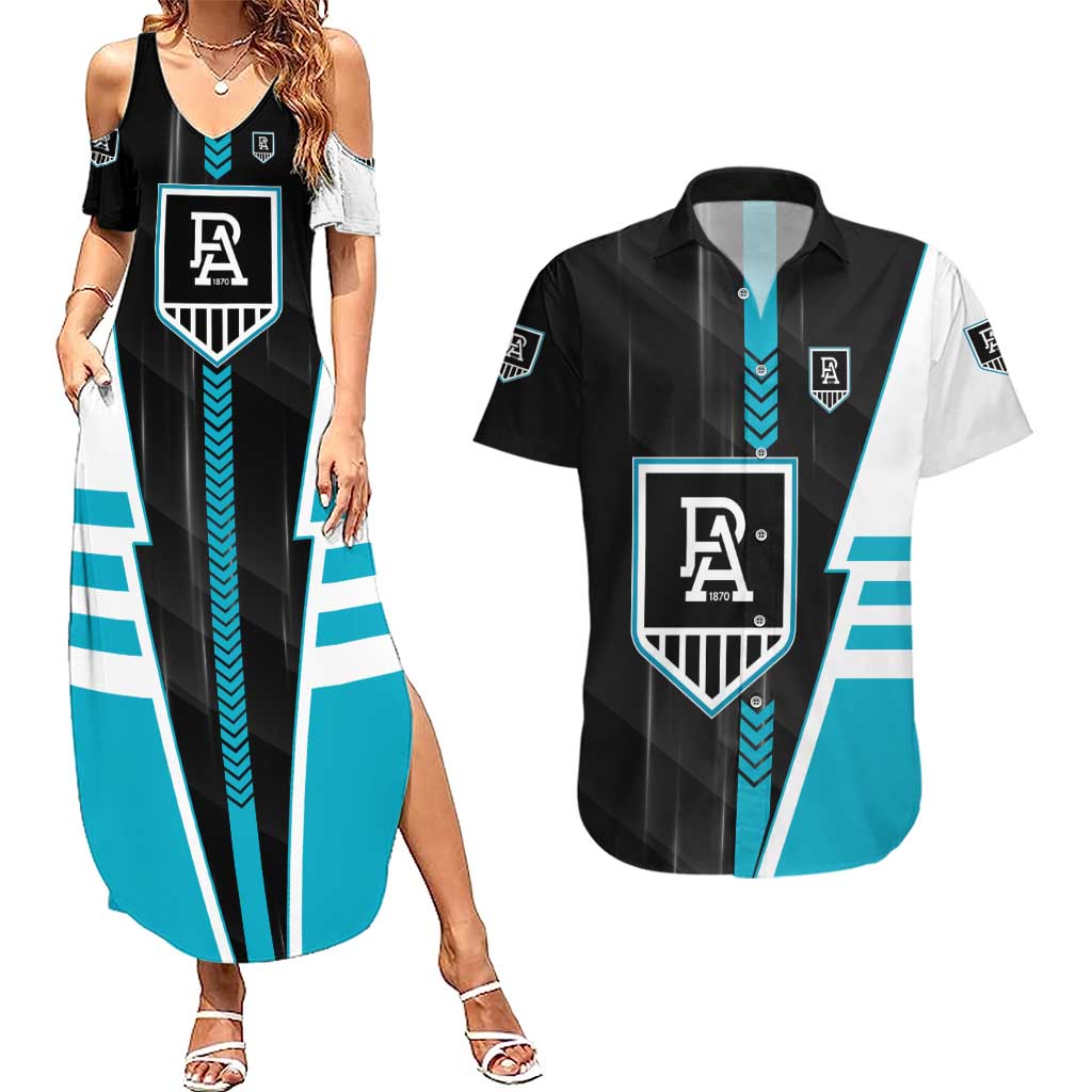 Personalized Port Adelaide Power Couples Matching Summer Maxi Dress and Hawaiian Shirt Modern Geometric Sports Graphic Style