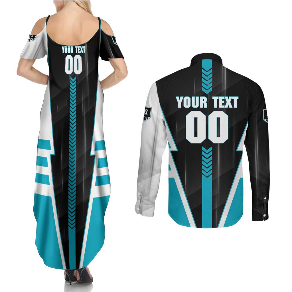 Personalized Port Adelaide Power Couples Matching Summer Maxi Dress and Long Sleeve Button Shirt Modern Geometric Sports Graphic Style