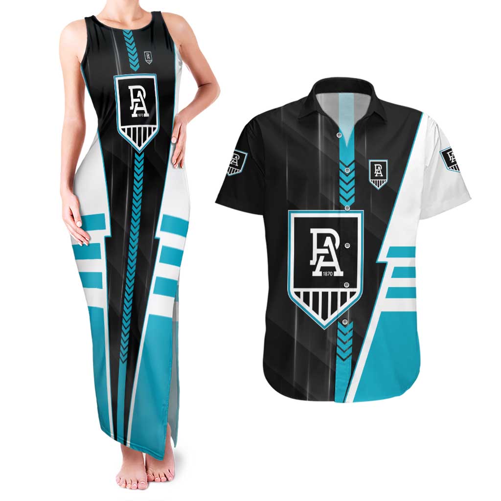 Personalized Port Adelaide Power Couples Matching Tank Maxi Dress and Hawaiian Shirt Modern Geometric Sports Graphic Style
