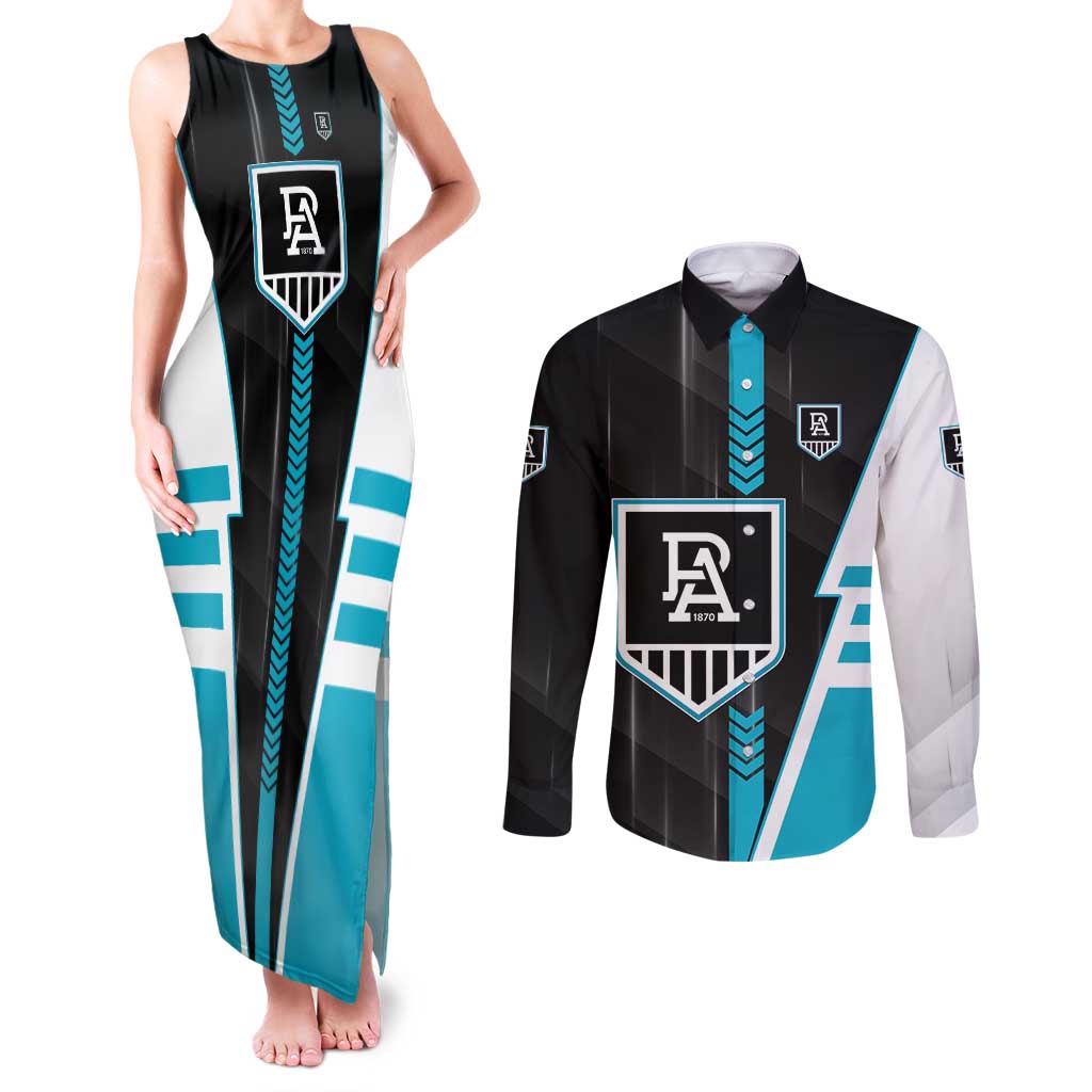 Personalized Port Adelaide Power Couples Matching Tank Maxi Dress and Long Sleeve Button Shirt Modern Geometric Sports Graphic Style