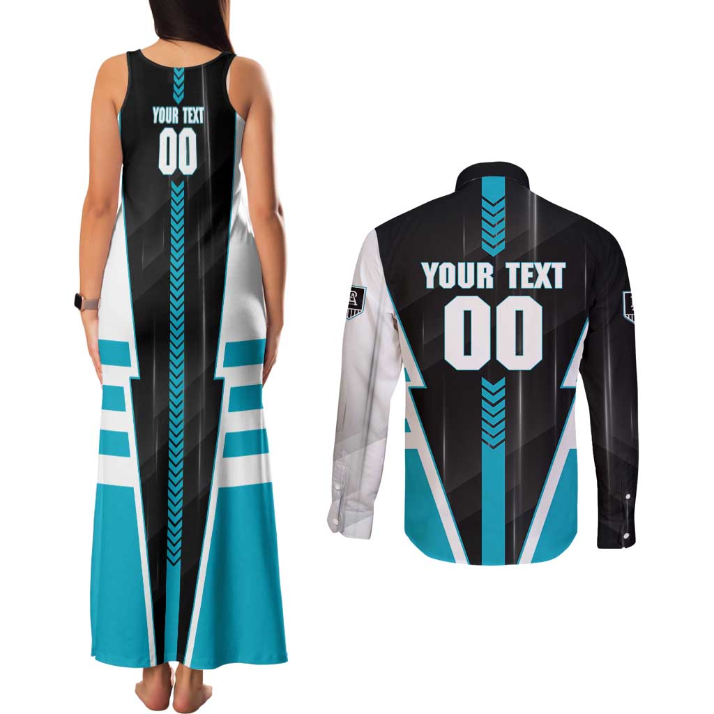 Personalized Port Adelaide Power Couples Matching Tank Maxi Dress and Long Sleeve Button Shirt Modern Geometric Sports Graphic Style