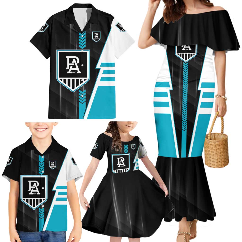 Personalized Port Adelaide Power Family Matching Mermaid Dress and Hawaiian Shirt Modern Geometric Sports Graphic Style