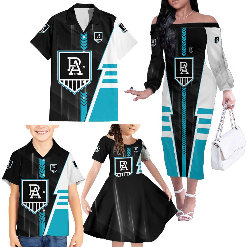 Personalized Port Adelaide Power Family Matching Off The Shoulder Long Sleeve Dress and Hawaiian Shirt Modern Geometric Sports Graphic Style