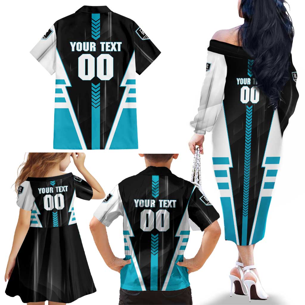 Personalized Port Adelaide Power Family Matching Off The Shoulder Long Sleeve Dress and Hawaiian Shirt Modern Geometric Sports Graphic Style