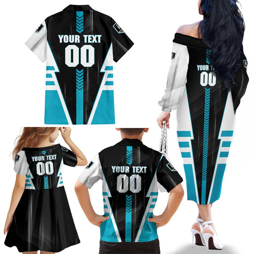 Personalized Port Adelaide Power Family Matching Off The Shoulder Long Sleeve Dress and Hawaiian Shirt Modern Geometric Sports Graphic Style