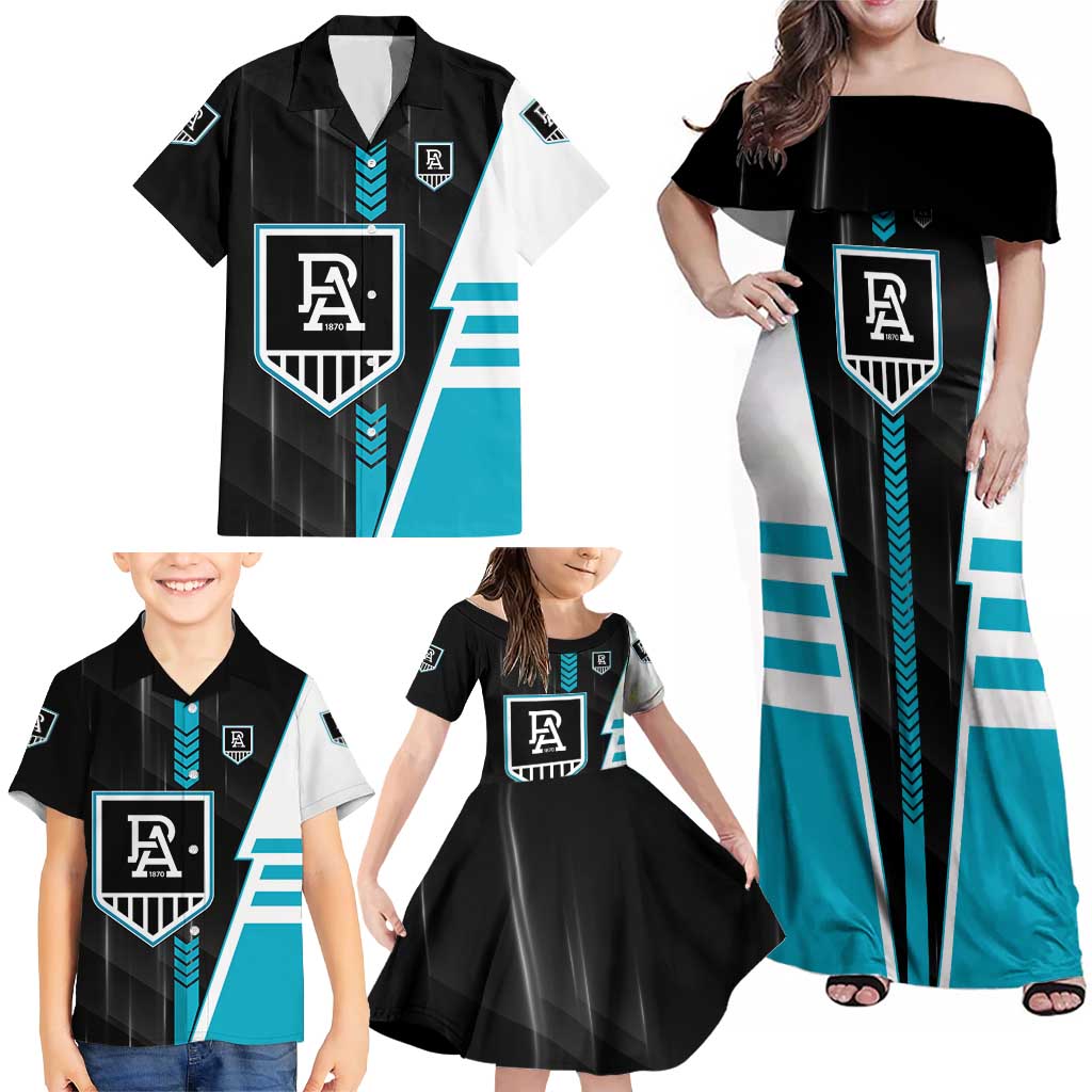 Personalized Port Adelaide Power Family Matching Off Shoulder Maxi Dress and Hawaiian Shirt Modern Geometric Sports Graphic Style