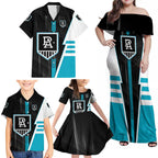 Personalized Port Adelaide Power Family Matching Off Shoulder Maxi Dress and Hawaiian Shirt Modern Geometric Sports Graphic Style