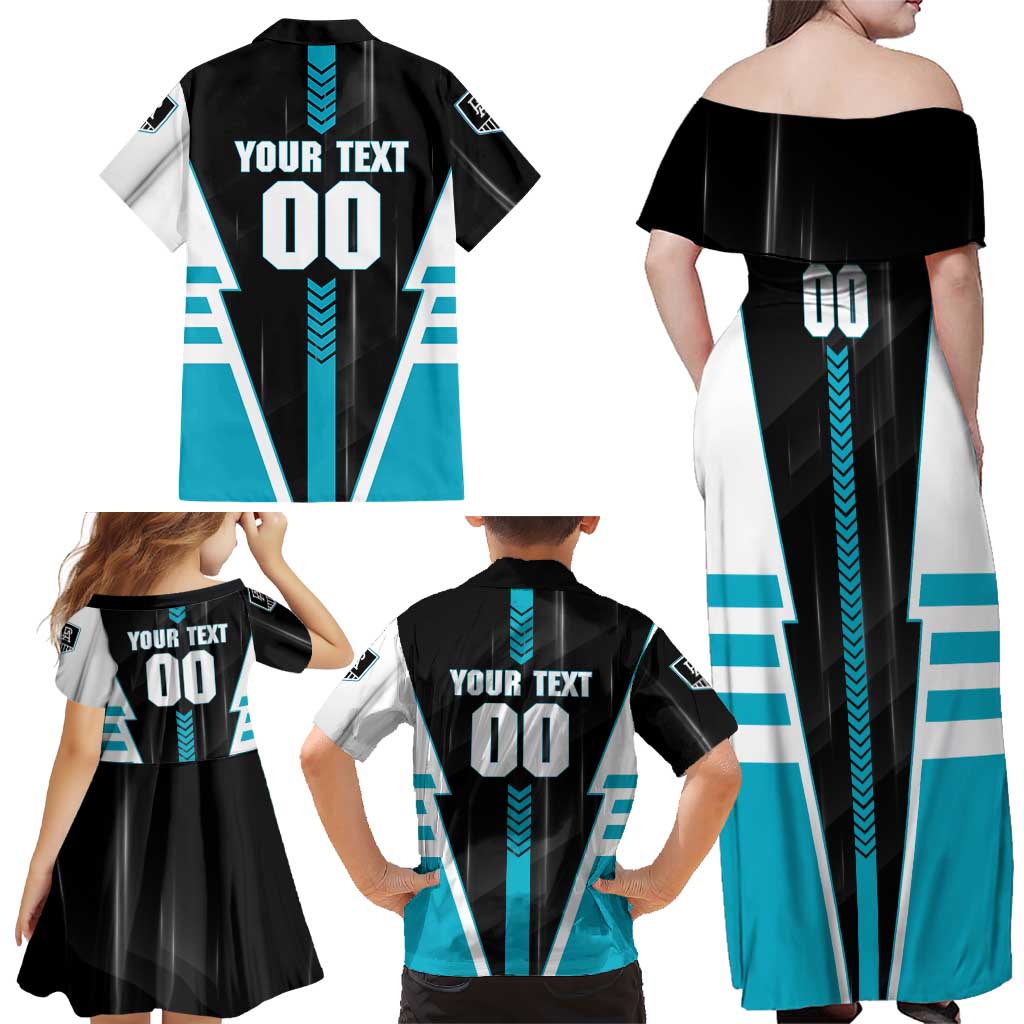 Personalized Port Adelaide Power Family Matching Off Shoulder Maxi Dress and Hawaiian Shirt Modern Geometric Sports Graphic Style