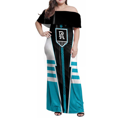 Personalized Port Adelaide Power Family Matching Off Shoulder Maxi Dress and Hawaiian Shirt Modern Geometric Sports Graphic Style
