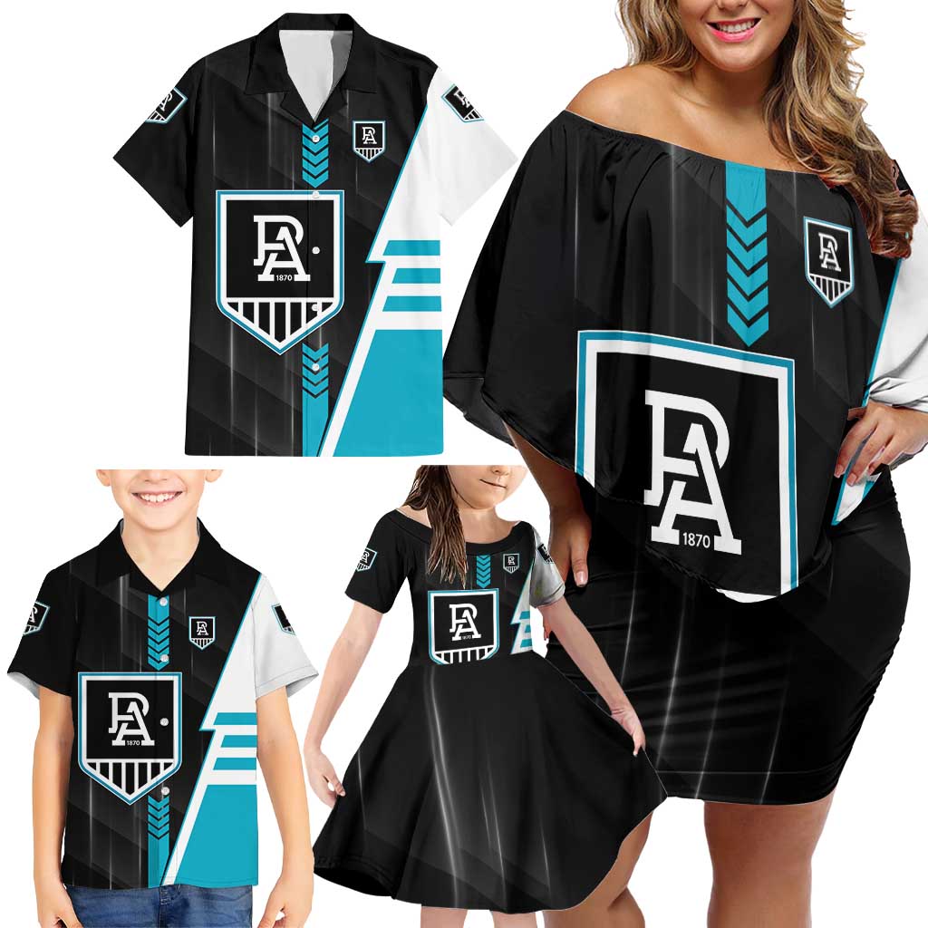 Personalized Port Adelaide Power Family Matching Off Shoulder Short Dress and Hawaiian Shirt Modern Geometric Sports Graphic Style