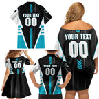 Personalized Port Adelaide Power Family Matching Off Shoulder Short Dress and Hawaiian Shirt Modern Geometric Sports Graphic Style