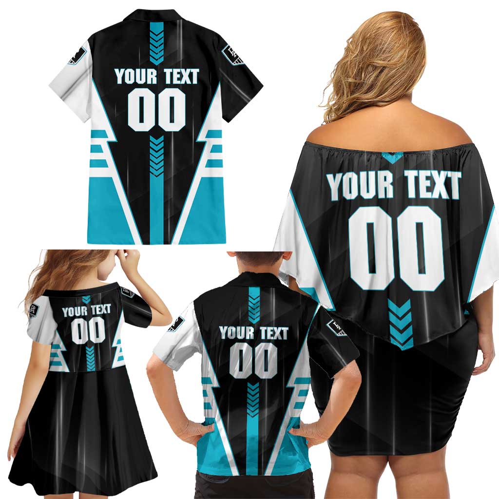 Personalized Port Adelaide Power Family Matching Off Shoulder Short Dress and Hawaiian Shirt Modern Geometric Sports Graphic Style