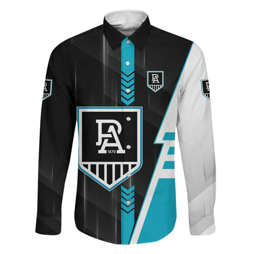 Personalized Port Adelaide Power Family Matching Off Shoulder Short Dress and Hawaiian Shirt Modern Geometric Sports Graphic Style