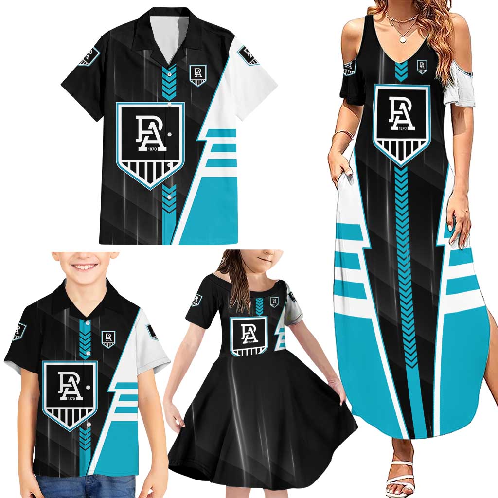 Personalized Port Adelaide Power Family Matching Summer Maxi Dress and Hawaiian Shirt Modern Geometric Sports Graphic Style