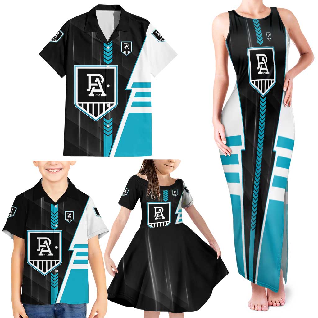 Personalized Port Adelaide Power Family Matching Tank Maxi Dress and Hawaiian Shirt Modern Geometric Sports Graphic Style