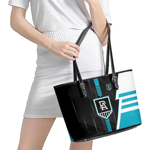 Port Adelaide Power Leather Tote Bag Modern Geometric Sports Graphic Style