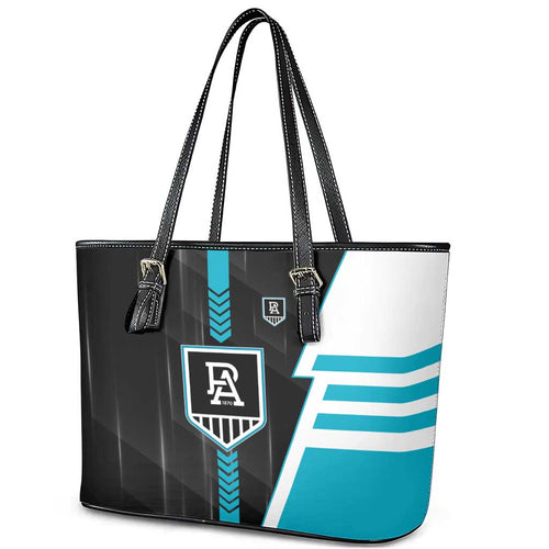 Port Adelaide Power Leather Tote Bag Modern Geometric Sports Graphic Style