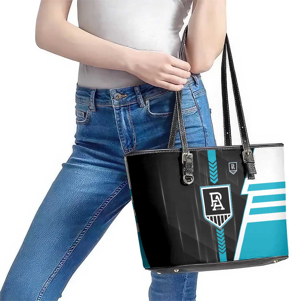 Port Adelaide Power Leather Tote Bag Modern Geometric Sports Graphic Style