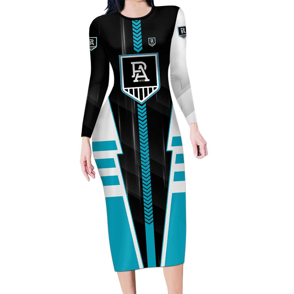 Personalized Port Adelaide Power Long Sleeve Bodycon Dress Modern Geometric Sports Graphic Style