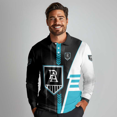 Personalized Port Adelaide Power Long Sleeve Polo Shirt Modern Geometric Sports Graphic Style