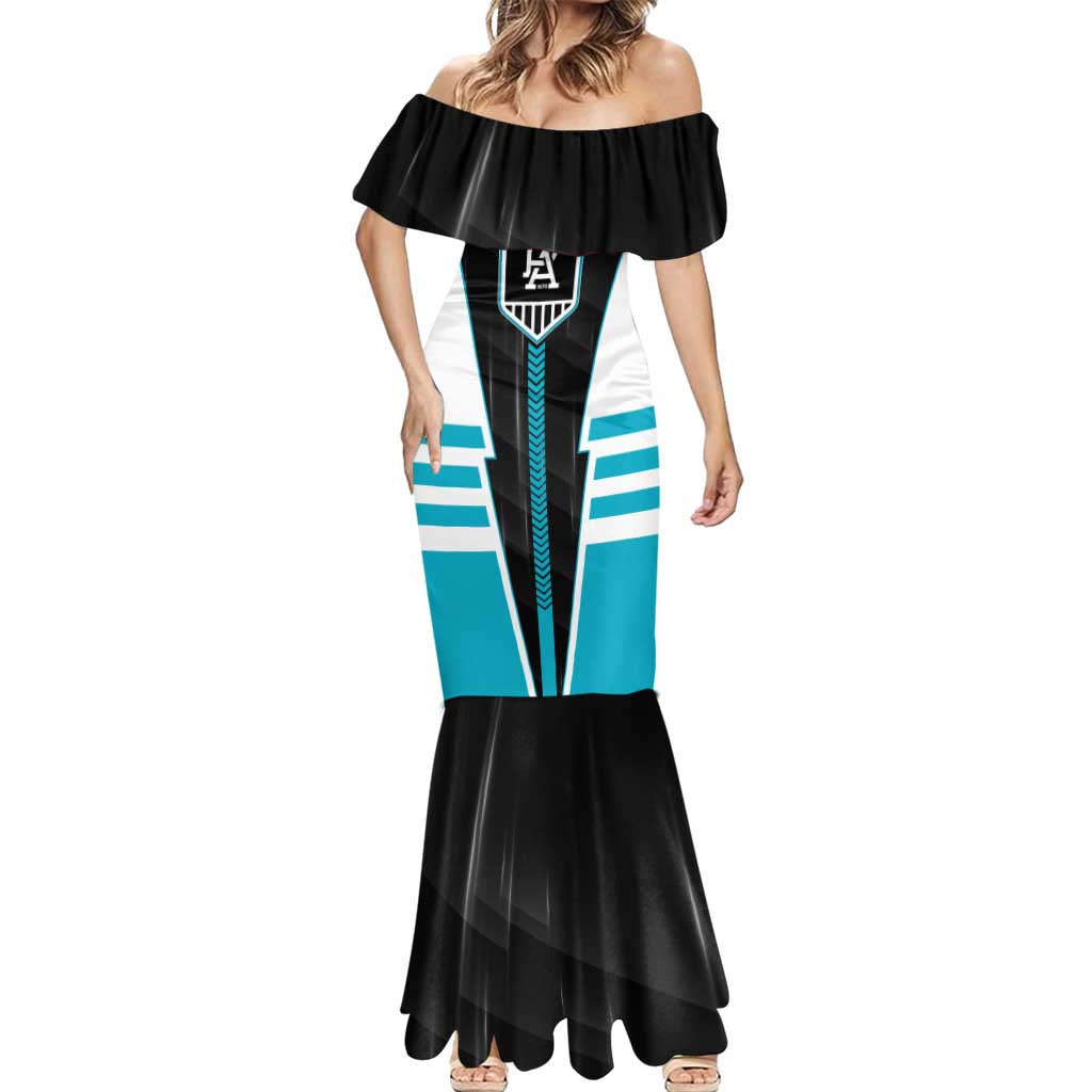 Personalized Port Adelaide Power Mermaid Dress Modern Geometric Sports Graphic Style
