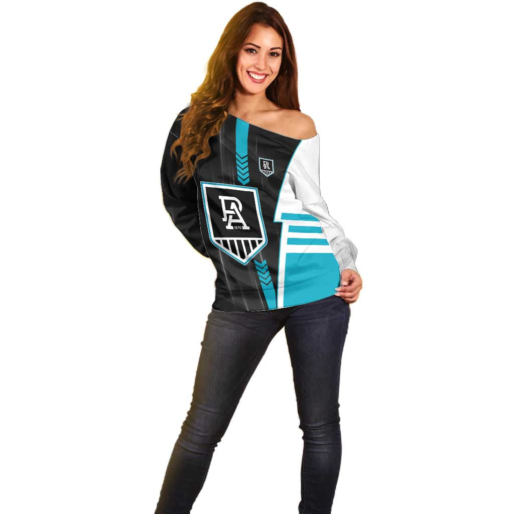 Personalized Port Adelaide Power Off Shoulder Sweater Modern Geometric Sports Graphic Style