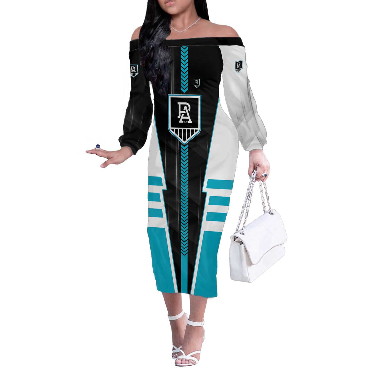 Personalized Port Adelaide Power Off The Shoulder Long Sleeve Dress Modern Geometric Sports Graphic Style