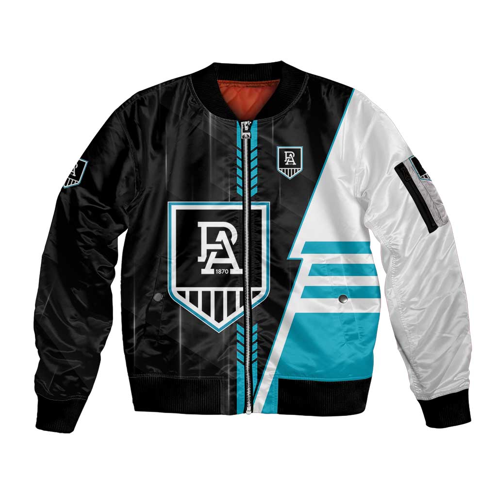 Personalized Port Adelaide Power Sleeve Zip Bomber Jacket Modern Geometric Sports Graphic Style