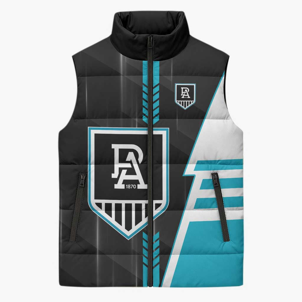 Personalized Port Adelaide Power Sleeveless Puffer Jacket Modern Geometric Sports Graphic Style