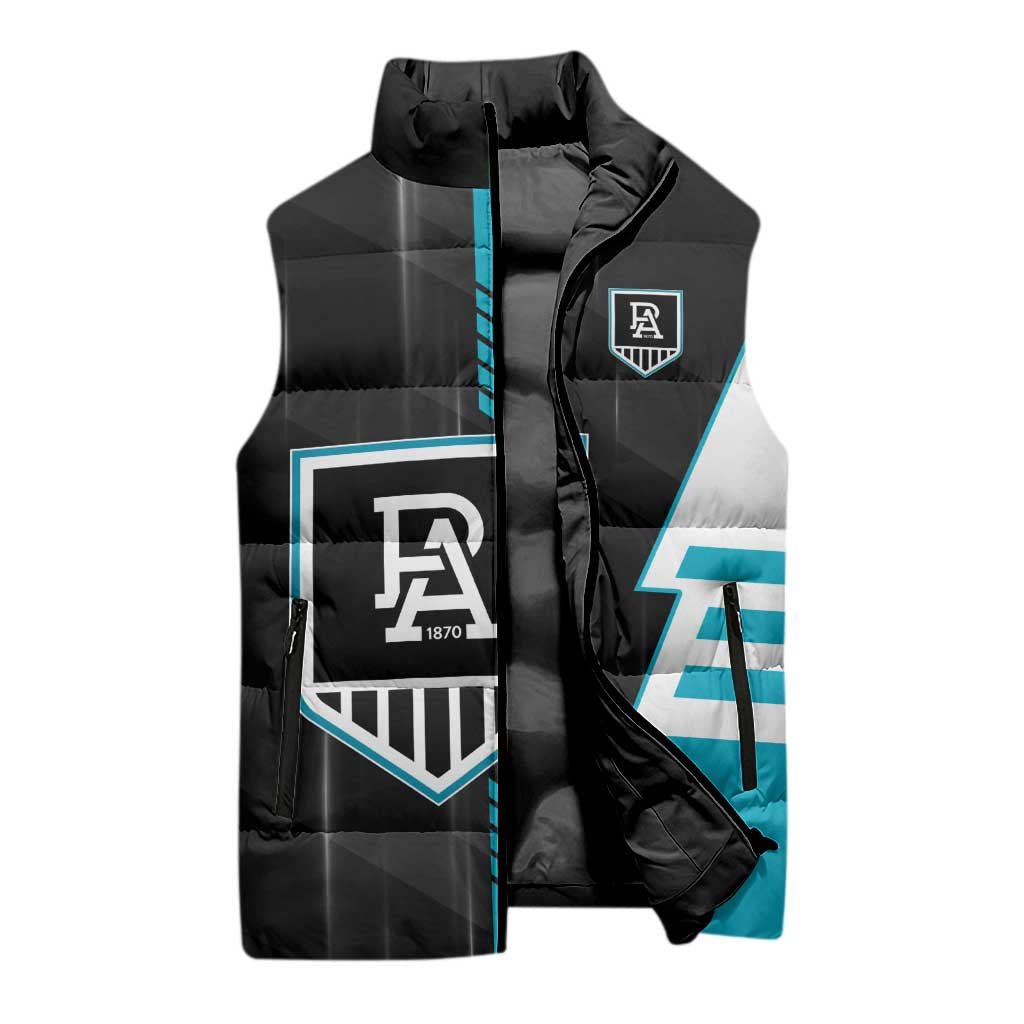 Personalized Port Adelaide Power Sleeveless Puffer Jacket Modern Geometric Sports Graphic Style