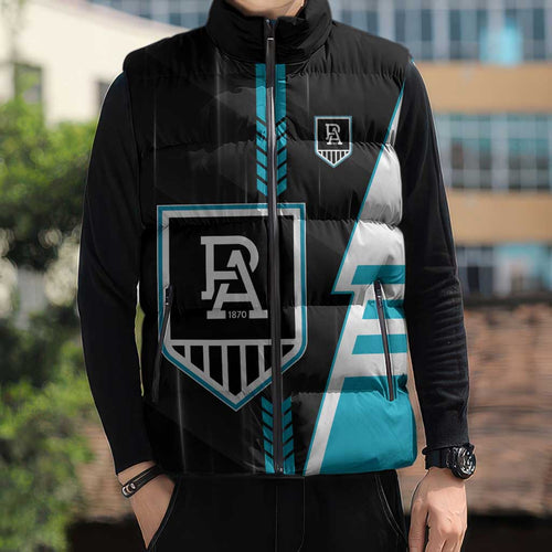 Personalized Port Adelaide Power Sleeveless Puffer Jacket Modern Geometric Sports Graphic Style
