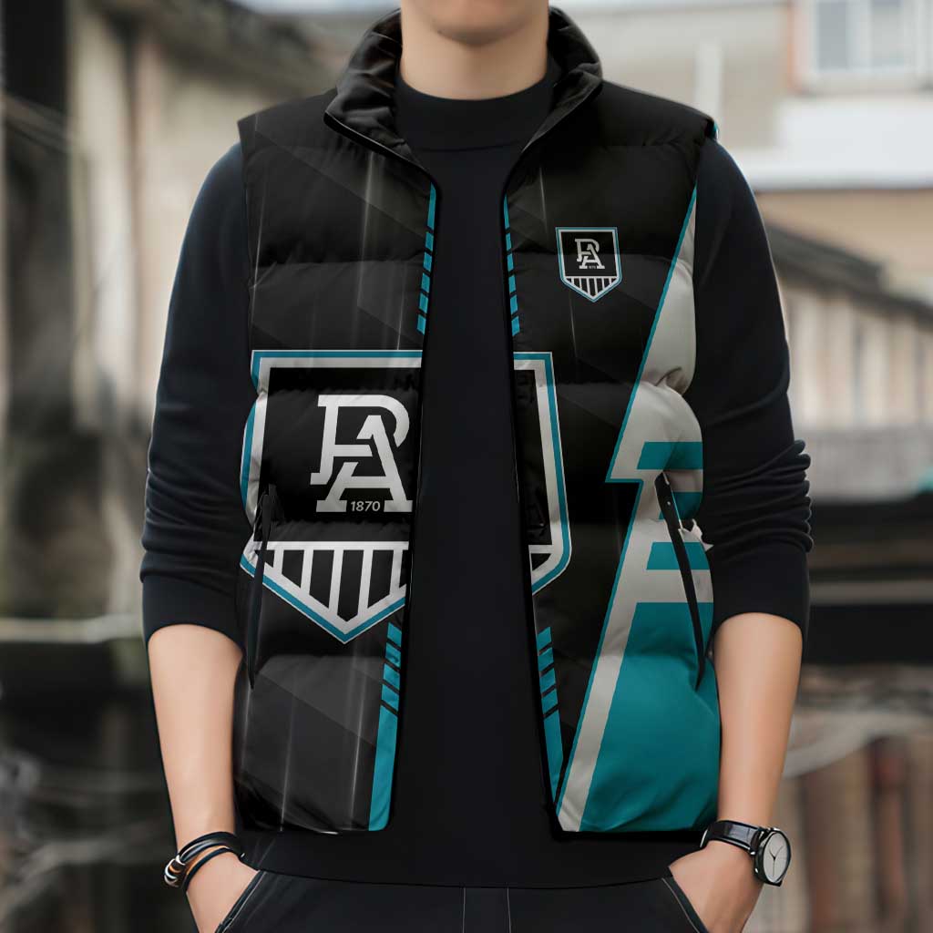 Personalized Port Adelaide Power Sleeveless Puffer Jacket Modern Geometric Sports Graphic Style