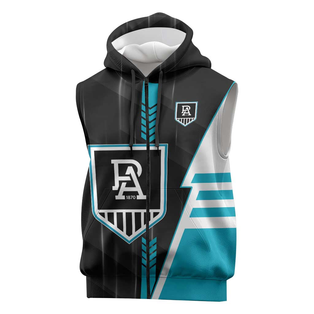 Personalized Port Adelaide Power Sleeveless Zip Hoodie Modern Geometric Sports Graphic Style
