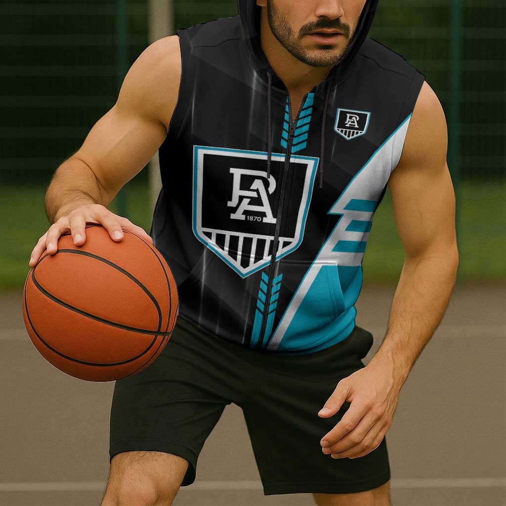 Personalized Port Adelaide Power Sleeveless Zip Hoodie Modern Geometric Sports Graphic Style