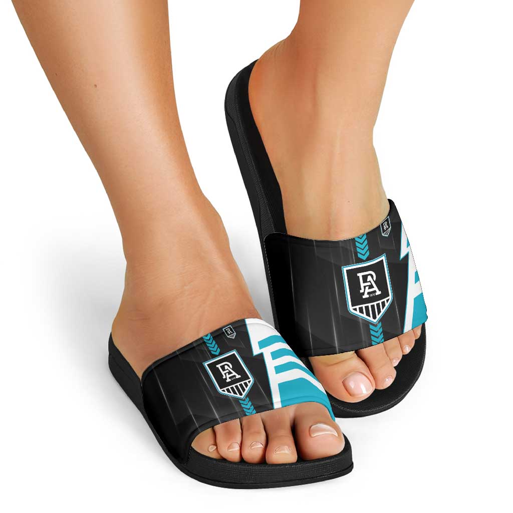 Port Adelaide Power Slide Sandals Modern Geometric Sports Graphic Style