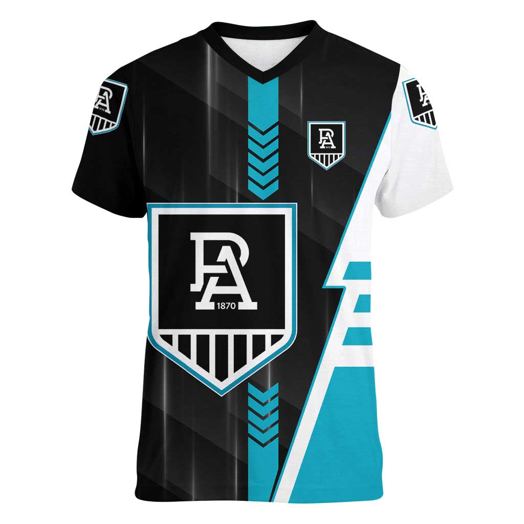 Personalized Port Adelaide Power Women V-Neck T-Shirt Modern Geometric Sports Graphic Style