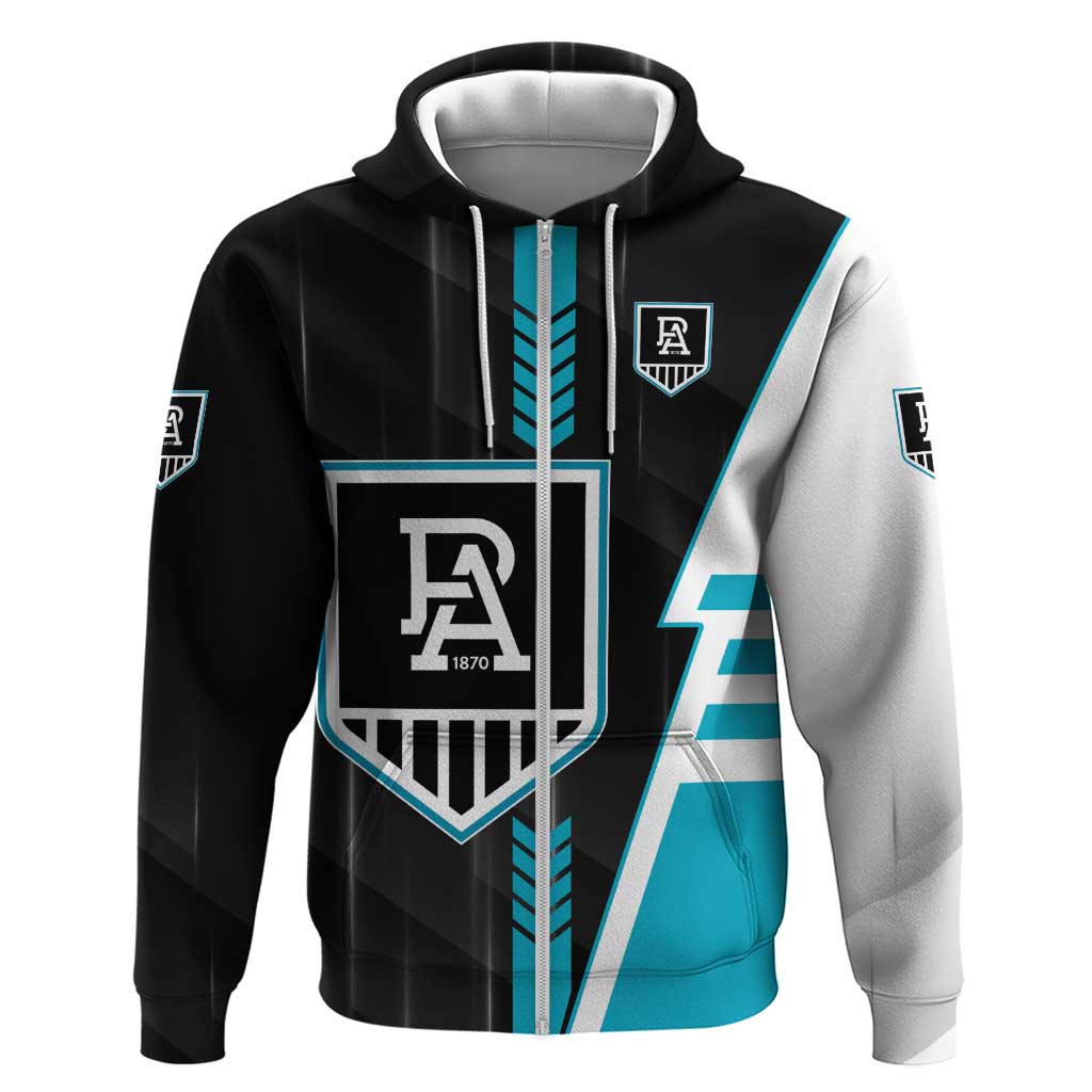 Personalized Port Adelaide Power Zip Hoodie Modern Geometric Sports Graphic Style