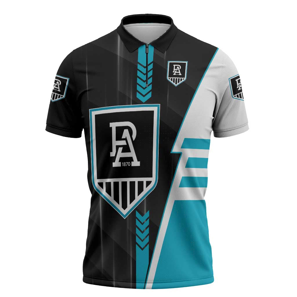 Personalized Port Adelaide Power Zipper Polo Shirt Modern Geometric Sports Graphic Style