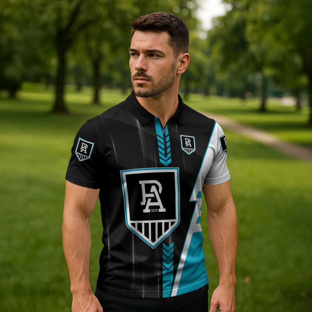 Personalized Port Adelaide Power Zipper Polo Shirt Modern Geometric Sports Graphic Style