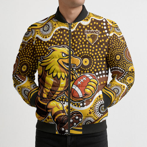 Hawthorn Hawks Bomber Puffer Jacket Aboriginal Dot Pattern - Football Mascot Heritage Pride