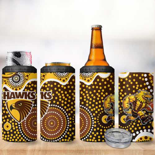 Hawthorn Hawks 4 in 1 Can Cooler Tumbler Aboriginal Dot Pattern - Football Mascot Heritage Pride