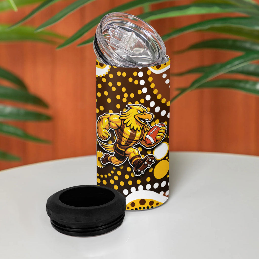 Hawthorn Hawks 4 in 1 Can Cooler Tumbler Aboriginal Dot Pattern - Football Mascot Heritage Pride