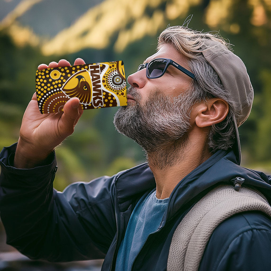 Hawthorn Hawks 4 in 1 Can Cooler Tumbler Aboriginal Dot Pattern - Football Mascot Heritage Pride