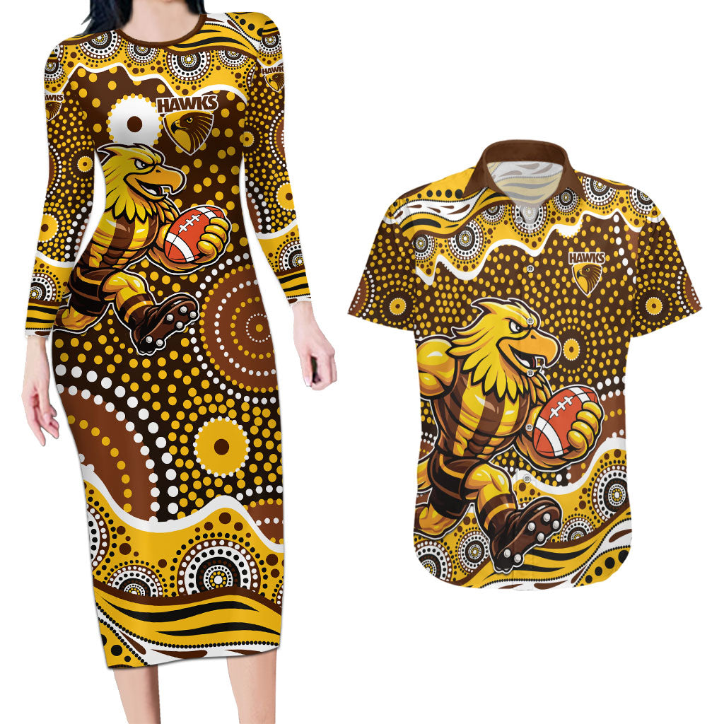 Hawthorn Hawks Couples Matching Long Sleeve Bodycon Dress and Hawaiian Shirt Aboriginal Dot Pattern - Football Mascot Heritage Pride