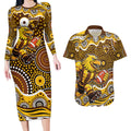 Hawthorn Hawks Couples Matching Long Sleeve Bodycon Dress and Hawaiian Shirt Aboriginal Dot Pattern - Football Mascot Heritage Pride