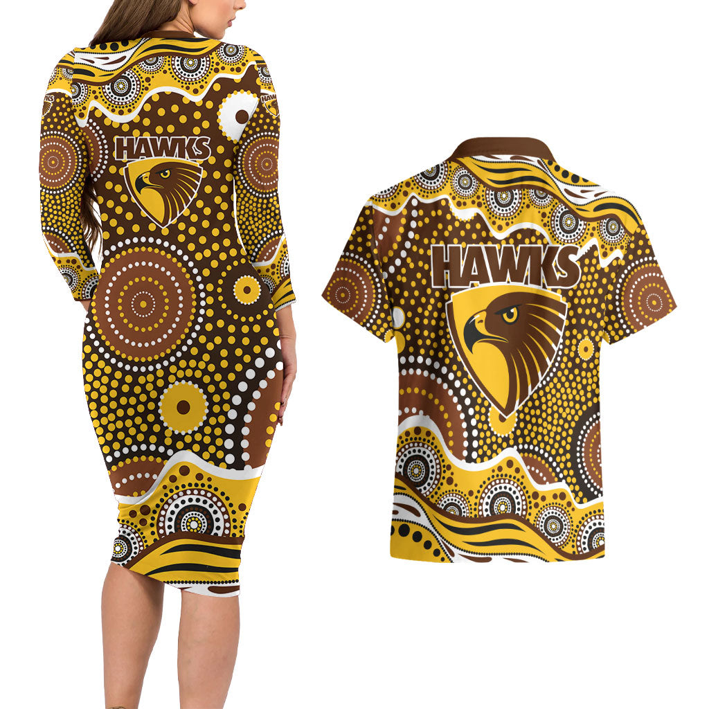 Hawthorn Hawks Couples Matching Long Sleeve Bodycon Dress and Hawaiian Shirt Aboriginal Dot Pattern - Football Mascot Heritage Pride
